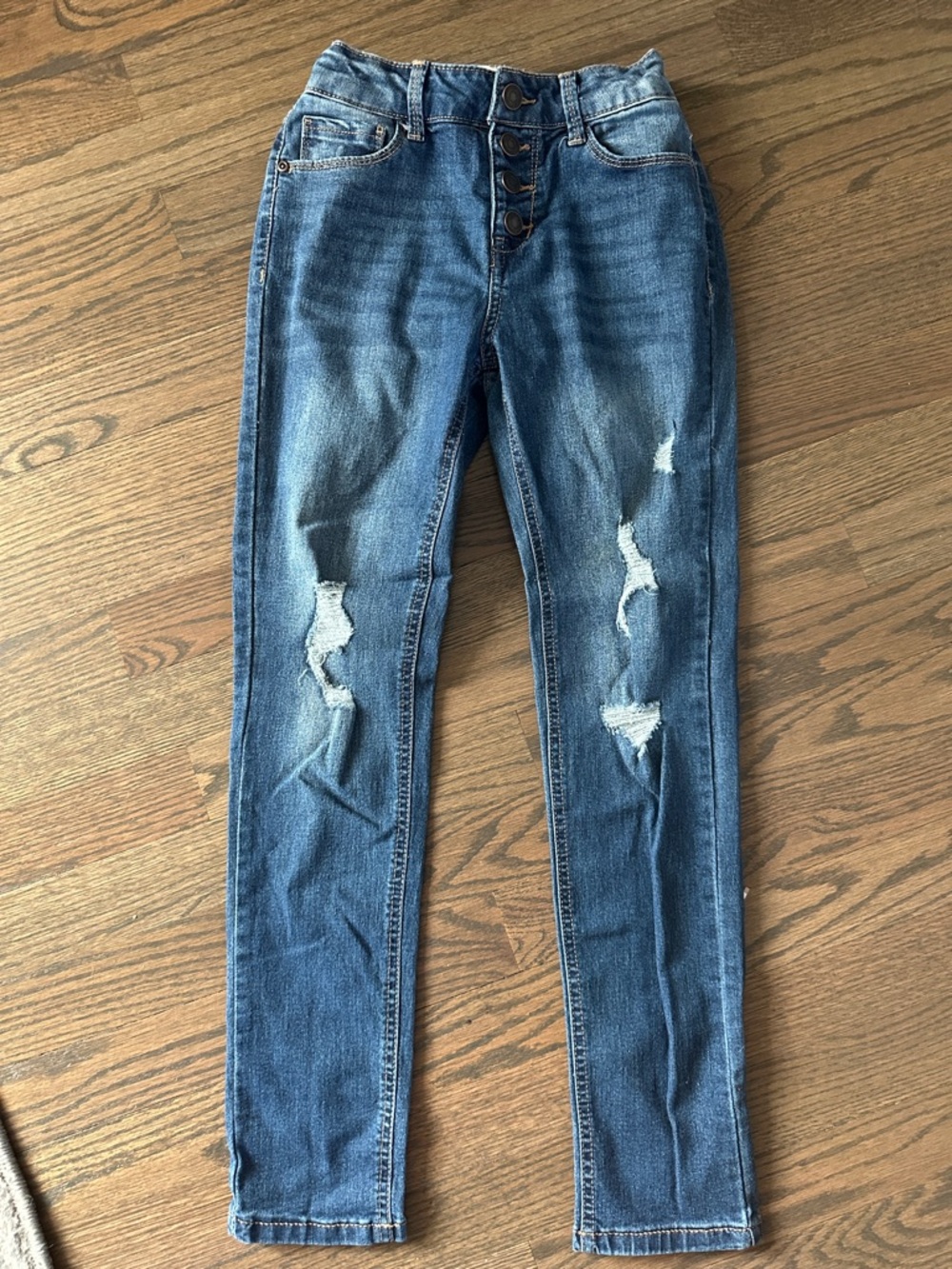 SO Distressed Button-Fly Skinny Jeans - Blue Wash
